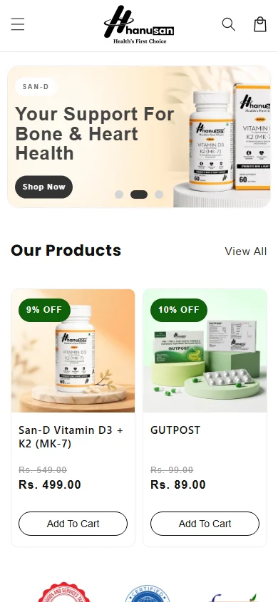Hanusan Pharmaceuticals website on mobile