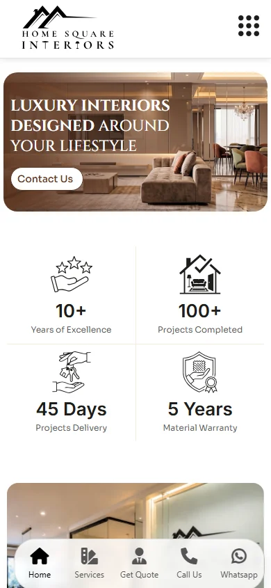 Home Square Interiors website on mobile